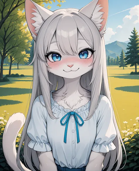 masterpiece,best quality,amazing quality,very aesthetic,high resolution,ultra-detailed,absurdres,newest,detailed fur,
furry,cat,animal ears,tail,bodyfur,1girl,upper body,1girl,solo,long hair,gray hair,white fur,blue eye,blush,white blouse,looking at viewer...