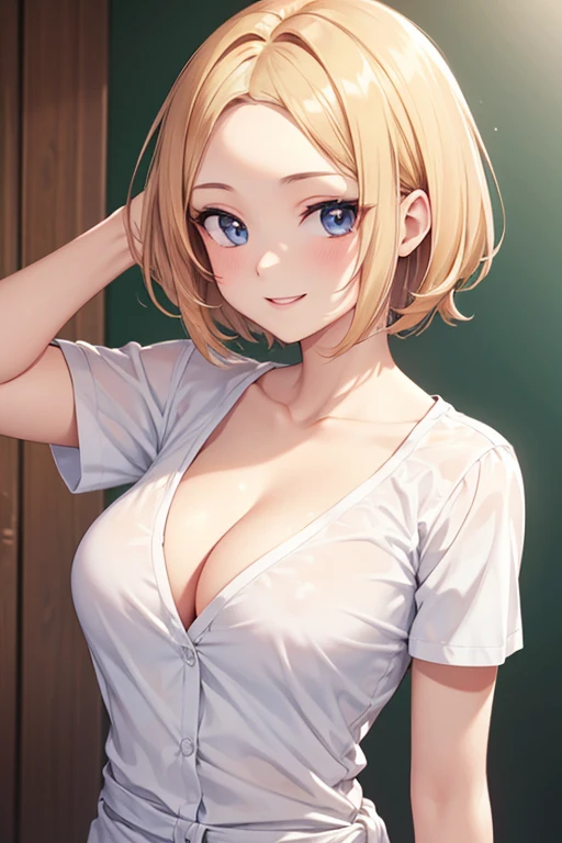  upper body,  top quality,  Super High Definition, 8k,  anime,  high resolution eyes, Perfect description,  short hair, super beautiful, Forehead visible,  boyish ,  sling,  Cool Beauties, smile, Lengthen one side of the bangs,  shirts,  cleavage, secretar...