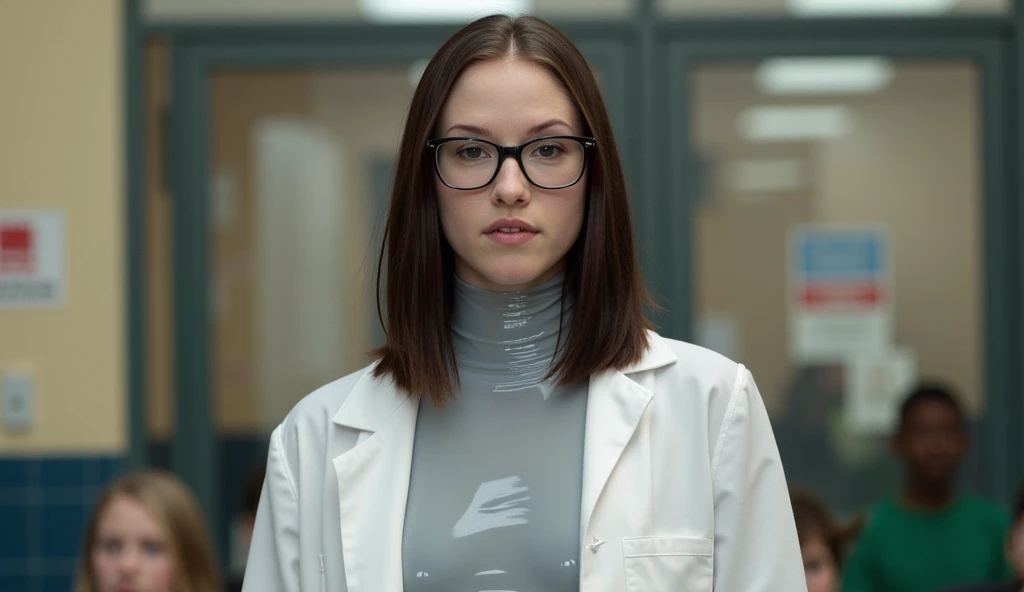 (chyler leigh :2) (wear black square glasses:2) (très détaillé) (jeune fille 25 ans mince portant une skinsuit en latex melting slime brillant transparent light-grey moulante under a white plastic lab coat:2) (transparent ultra gooey light-grey visquous sl...