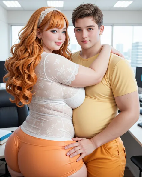 plus size women, 20 years old, has a very voluptuous body, buxom, plump, busty, thick, chubby, big breast, big hips, big thigh, huge ass, very beautiful face, pink lips, light orange hair color, wavy hair style with bangs, light white lace headband, gold e...