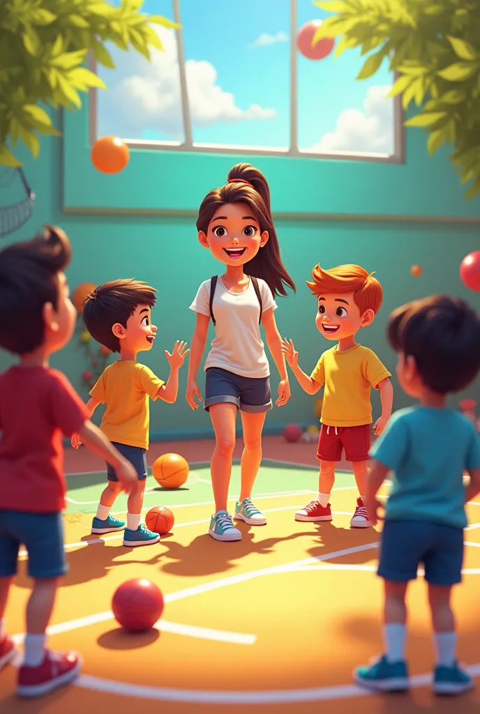 a pre-school teacher teaching a sports activitys to students