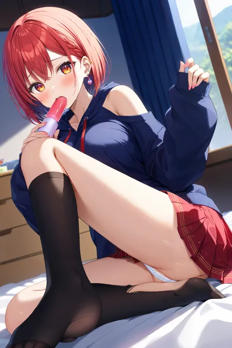 sawaki rinna,  high res,  Masterpiece,  very detailed,  1 Japanese Woman ,

short bob hair, red hair, dark orange eyes , 
breasts, large breasts, 
clothing( dark blue hoodie ,  red skirt,  black knee-high socks, red piercing in the right ear), 

room, peek...