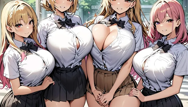  masterpiece,  the best quality,  highres, Actually, YEAH.,huge boobs, 3 girls ,black bow,black bowtie, blond hair,bow,bowtie, breasts,hair bun, covers holding hands, intertwined fingers , long hair, Looking At The Spectator ,several girls,pink hair,pleate...