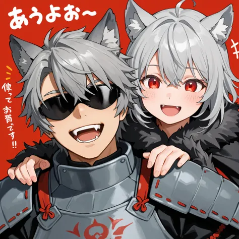 Semi-human male werewolf gray hair, happy ,  red eyes, Japanese gray armor with shades of red ,  wolf ears, Saying goodbye to his queen