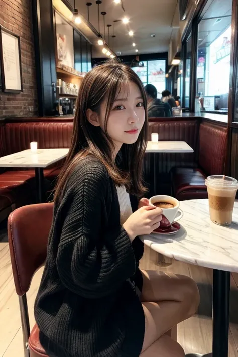  what is constant in the restaurant view、 coffee cup。彼女の coffee cup。Enjoy the conversation。 there is nothing more than that at the table 。自分から見てfrontに女性。A woman in a face-to-face seat 。 chair with a bunch of clothes。 upper body only。front。My body is facing...