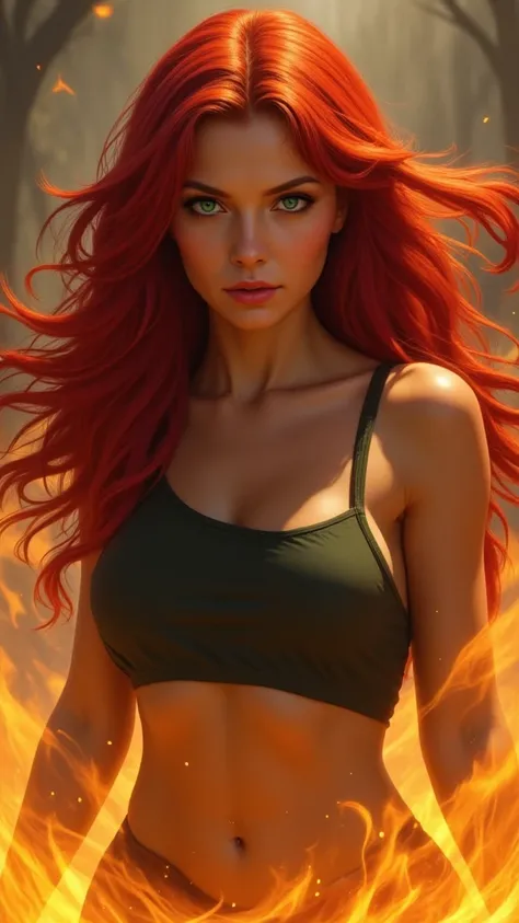 Women,  Red hair, green eyes surrounded by fire