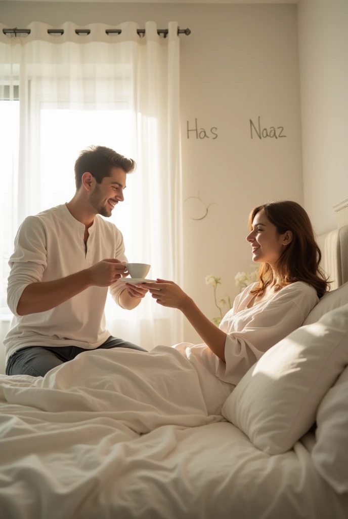 An 23-year-old handsome boy is serving tea to his wife in the morning while she is lying on the bed. The boy is offering the tea with a caring smile. The room is painted in soft white colors, and gentle sunlight is coming through the window, creating a cal...