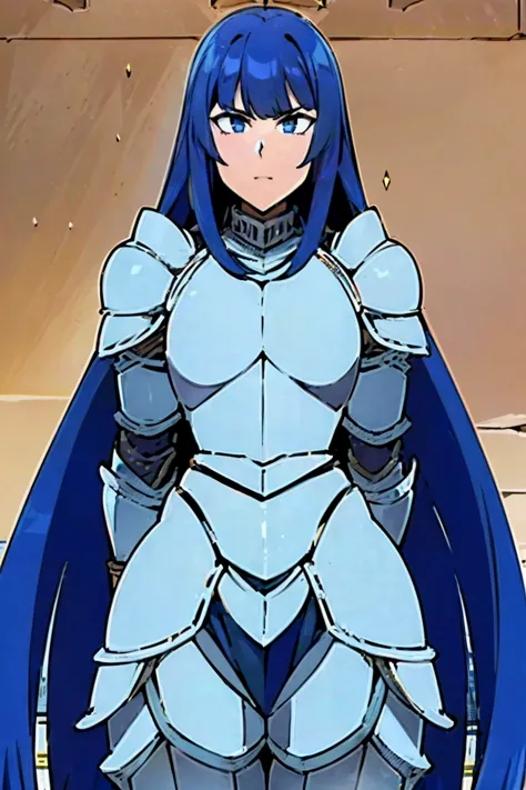 (((unshaded image, unshaded face, unshaded armor, face fully illuminated:1.3))), (((Light dull colored armor, black arm stocking:1.3))), hyper detailed face, masterpiece, best quality,  1girl , Alone, adult face, fearless face, deep dark blue hair, long ha...