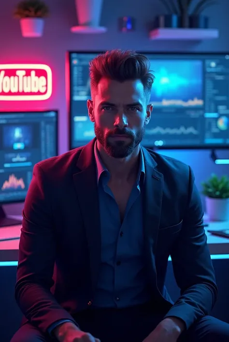 A highly detailed digital painting of a handsome man sitting straight confidently in a futuristic tech studio. He has a well-groomed beard, stylish hair, and wears a sleek, modern outfit. The studio is illuminated with soft blue and purple LED lighting, cr...