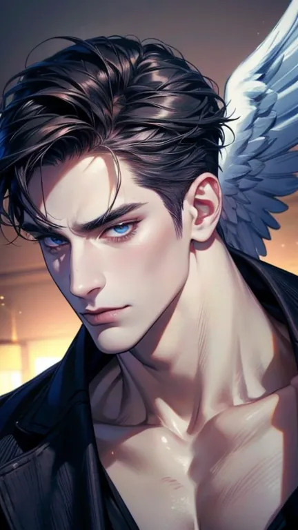 (  Seductive Archangel Angel,4K,8k,    highres,    Masterpiece:1.2),    ultra-detailed,(  realistic,photo  realistic,photo-  realistic:1.37),36-year-old man,3 day beard,cute anime ,Portraits,strong,Masculine,    dark hair,sharp jaw,        mesmerizing eyes...