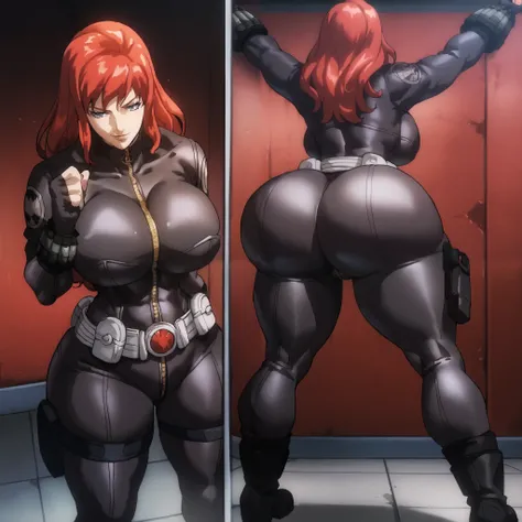 score_9, score_8_up, score_7_up, score_6_up, score_5_up, score_4_up, BREAK,1girl, BlackWidowAnime, 1girl, black bodysuit, red hair, long hair, black fingerless gloves, holster, makeup, zipper, uniform, ((huge breasts, huge butt, thick thighs, curvy hips)),...