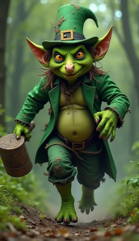 A green leprechaun . He is running.  He has a rough wooden club in his hand .  He has a large, pointed nose with warts and large, pointed ears.  His belly sticks out , Just like pregnant. visible navel.  He has yellow eyes with torn black pupils .  He wear...