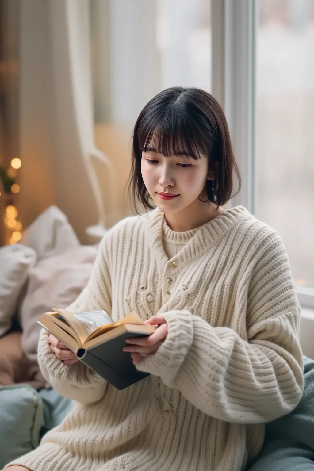 A cute young woman with short, dark hair, wearing an oversized knitted sweater, sitting by a large window with raindrops on the glass. She is reading a book with a cup of tea beside her. The room has a warm, cozy glow with fairy lights and cushions scatter...