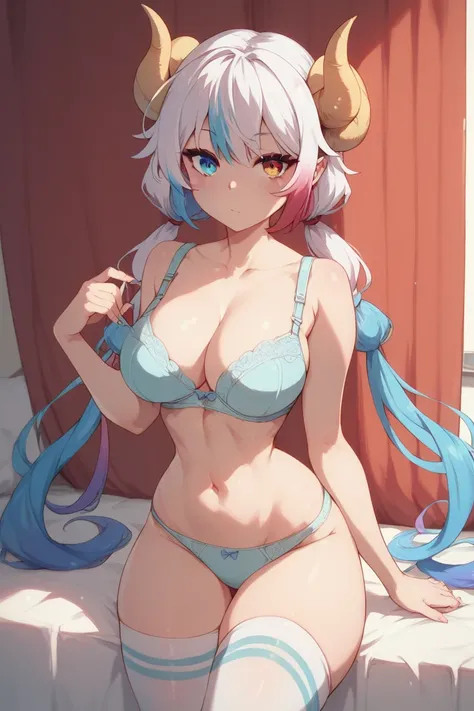 thighs, busty, thighhighs, small waist, red hair, blue hair, white hair, long hair, multicolored hair, horns, twintails, heterochromia, bra, panties