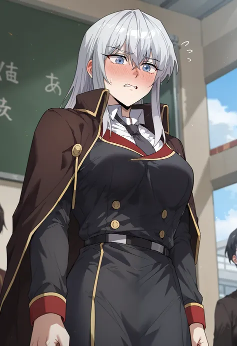 score_9_up, score_8_up, score_7_up, (manhwa art style), high detail face, best quality, absurd res, 1girl, Seria_Yurdina, Blue eyes, Silver hair, Long hair,(Academy uniform),full face blush,embarrased,red face, cowboy shot,blush,lifting_own_clothes ,underb...