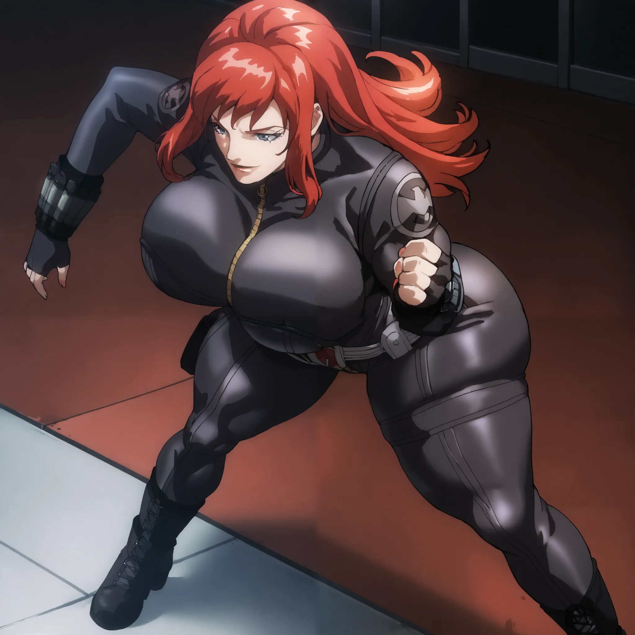 score_9, score_8_up, score_7_up, score_6_up, score_5_up, score_4_up, BREAK,1girl, BlackWidowAnime, 1girl, black bodysuit, red hair, long hair, black fingerless gloves, holster, makeup, zipper, uniform, ((huge breasts, huge butt, thick thighs, curvy hips)),...