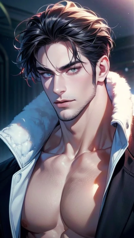 (  Seductive animal hybrid,4K,8k,    highres,    Masterpiece:1.2),    ultra-detailed,(  realistic,photo  realistic,photo-  realistic:1.37),36-year-old man,3 day beard,cute anime ,Portraits,strong,Masculine,    dark hair,sharp jaw,        mesmerizing eyes  ...