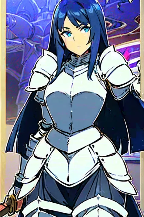 (((unshaded image, unshaded face, unshaded armor, face fully illuminated:1.3))), (((Pure White Armor, black arm stocking:1.3))), hyper detailed face, masterpiece, best quality,  1girl , Alone, adult face, fearless face, deep dark blue hair, long hair, asym...