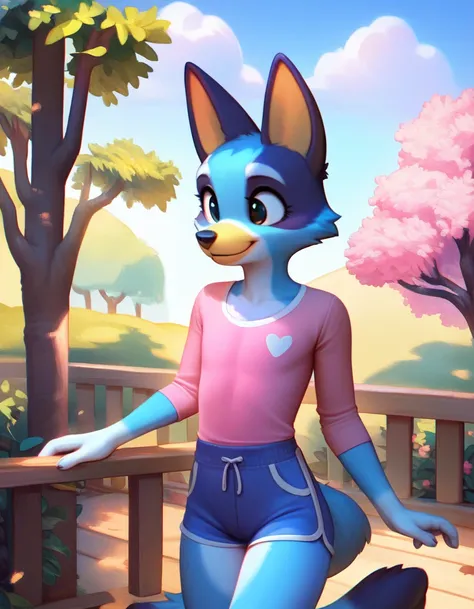 score_9, score_8_up, score_8, 1girl, source_cartoon, source_furry, blueyxl, bluey heeler, (boxchibi:0.2),  girl, cowboy shot, anthro, furry, tail, blue body, animal ears, flat shaded background, sky, day, cloud, blue sky, feminine, slender figure, slim bod...