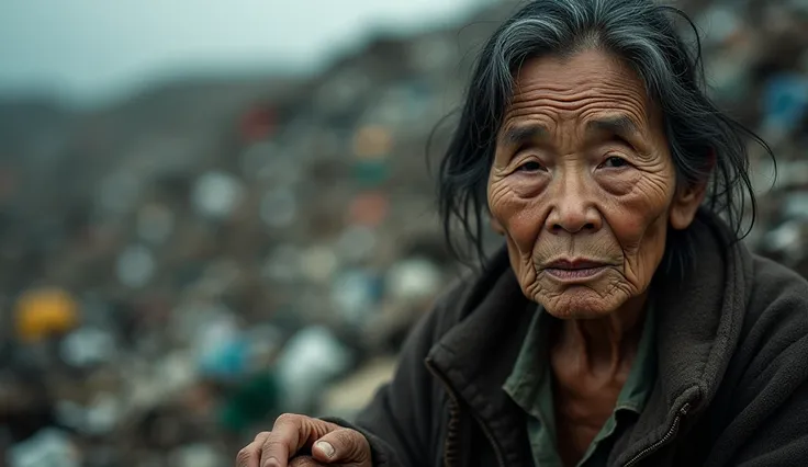 close up features poor old Vietnamese woman, sitting by the landfill, vividly portrays emotional and dramatic suffering 