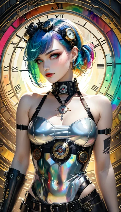 ( cyberpunk ,  clock punk ,  dieselpunk ,  steampunk), A work of art carved from pearl platinum crystal, Background Diverse Punk, Cool Beauty,  attractive proportions, ( super precise,  Absolute Resolution,  top quality:1.3), 2.5D,   Delicate and dynamic e...