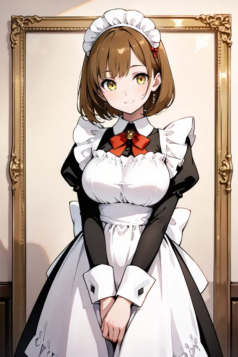 {Highest quality}, {so beautiful}, {Very detailed}, {Best illustrations},Alone,(adult, beauty、Ladylike),Brown hair, bob hair, yellow eyes, (tall, slim body:1.2), large breasts, classic maid outfit,no head item,(smile),standing,v-arms,