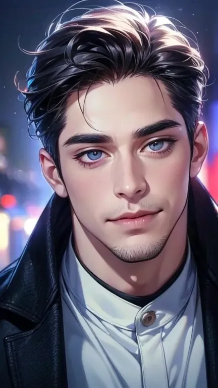 (  AI in love and smiling,4K,8k,    highres,    Masterpiece:1.2),    ultra-detailed,(  realistic,photo  realistic,photo-  realistic:1.37),36-year-old man,3 day beard,cute anime ,Portraits,strong,Masculine,    dark hair,sharp jaw,        mesmerizing eyes   ...