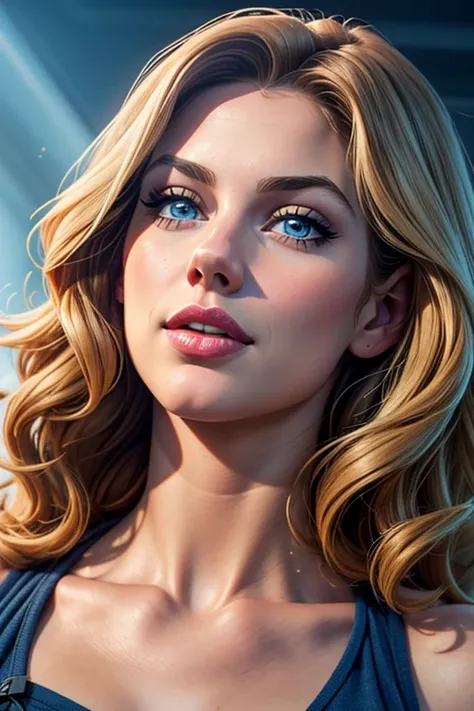 An attractive Caucasian female in her late 20s. The female's facial features are a combo of Melissa Benoist + Taylor Swift + Lucy Boynton. The female has long and thick blond curls evocative of Alex Kingston as River Song in "Doctor Who". The female has pl...