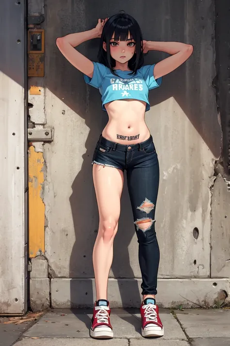 Girl with bangs, magriha, With arms back, posing embedded against the wall and showing off her sexy belly, wearing top,  ripped pants and sneakers all star . Several small tattoos on the body and belly
