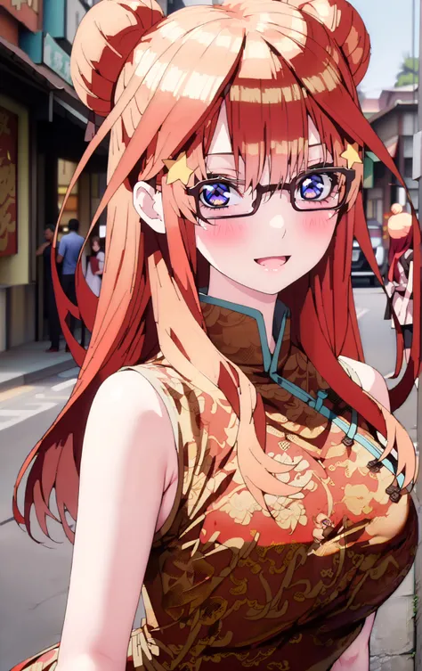 Nakano Mizuki ,  long hair,  blue eyes,  hair ornament,  red hair,  hair bun , star (  symbol ), Lick the boy's penis with half-framed glasses ,  glasses under the rim, star  hair ornament, smile,blush, open the mouth,sleeveless red china clothes,Big Breas...