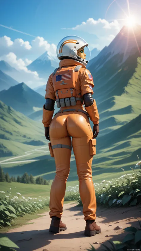 (date:20250212, By:Joulios) Highly detailed RAW color Photo, Rear Angle, Full Body, of (female space soldier, wearing orange and white space suit, helmet, tined face shield, rebreather, accentuated booty), outdoors, (looking up at advanced alien structure,...