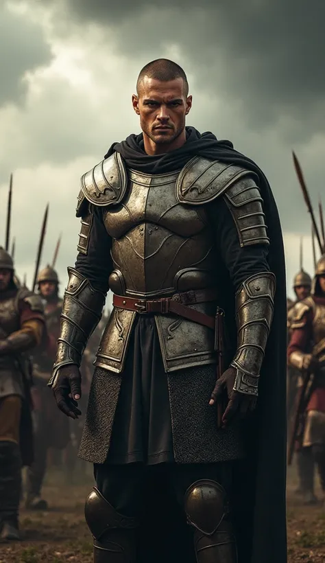 Jamie Dornan, A tall athletic male with a clean shaved head and a muscular build, clad in ancient battle armor, leading a diverse multitude of soldiers into a grand battle. His striking presence is accentuated by a glint of determination in his eyes and hi...