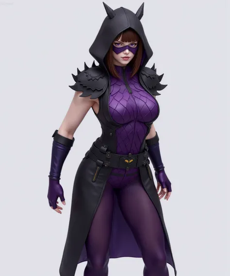 ashgflx, a mystic heroine with brown hair in a bob cut hairstyle. She wears a deep purple hood that partially covers her face, seamlessly extending into a sleek purple eye mask, revealing her vivid purple eyes. Her outfit consists of a form-fitting leotard...