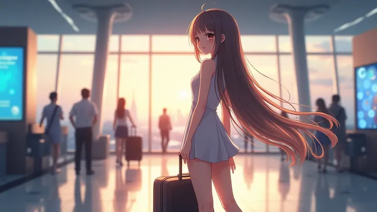 Beautiful, anime girl, in airport, looking back show me back side in Bangkok 