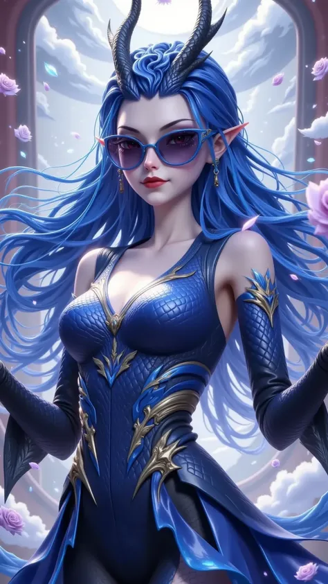 blue hair elf，Horns on the forehead，suit sunglasses，Super cool 