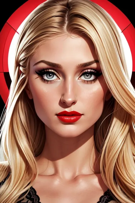 A portrait of a beautiful female whose facial features are a combo of Lacy Lennon + Paris Hilton. The female's hair is untied and hangs loose. The female has lovely makeup on her face. The female wears red lipstick. Symmetrical eyes. Symmetrical face. Love...