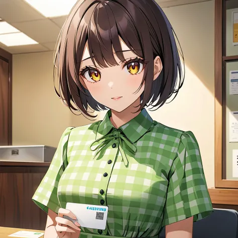  beautiful girl、 dark hair、 Bob Hair、 red and yellow odd-eye with business card 、green gingham check dress、 Anime Girl、 top quality、 high definition、4K