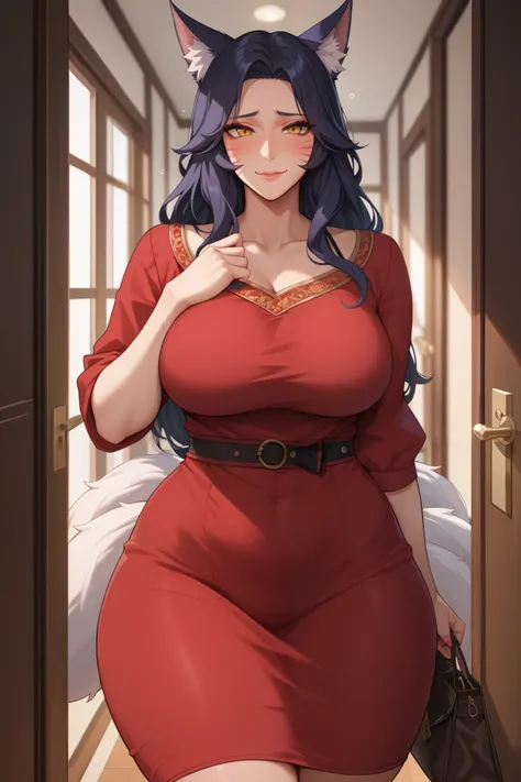 Score_9, Score_8_up, Score_7_up, Score_6_up, Score_5_up, Score_4_up, Tag1, Tag2, Quality_masterpiece, nsfw, wear only sexy red dress, casual dress, Ahri alike, Anatomically correct, Beautiful face, Perfect face, standing in hallway door entrance, opened do...