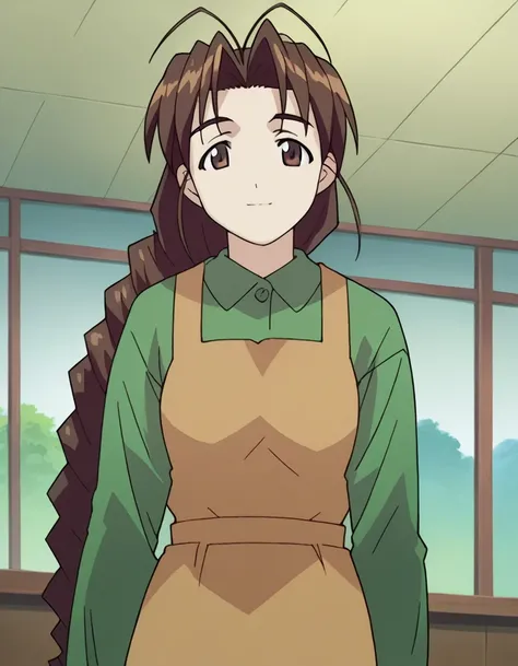 score_9, score_8_up, score_7_up, source_anime,
mutsumiotohime, mutsumi otohime, long hair, brown hair, brown eyes, antenna hair, braid, single braid, braided ponytail, smile,
shirt, long sleeves, apron,
indoors,
looking at viewer, dutch angle, cowboy shot,