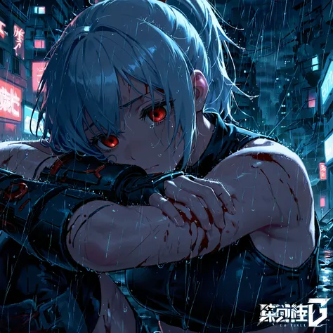 1 girl,hair ponytail bangs light blue, RED EYES, crop top,boots,Arm,Destroyed City scenario ,Pose clutching his injured arm,Lost Gaze in Shock,rain,very injured ,blood,Arm espadon,end of the world,Perdio, view Close-up , sad