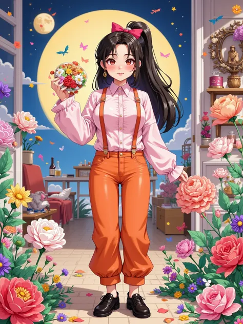 (A cute girl wearing a pink suspender), (orange jeans:1.5), (Black leather shoes:1.9), front, (((whole body:1.6))), Cartoon illustration, Created by Ms. Becca Doodlefly, Style: grunge rock beauty, sandara tang, Mixed Patterns, letter, Charming Character Il...