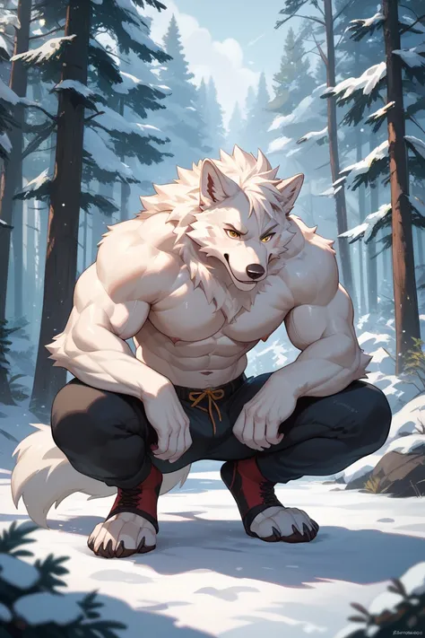 A anthro wolf male with white fur and yellow eye. And Muscular. being shirtless, wearing black pants having his paws out crouched downIn a snowy forest