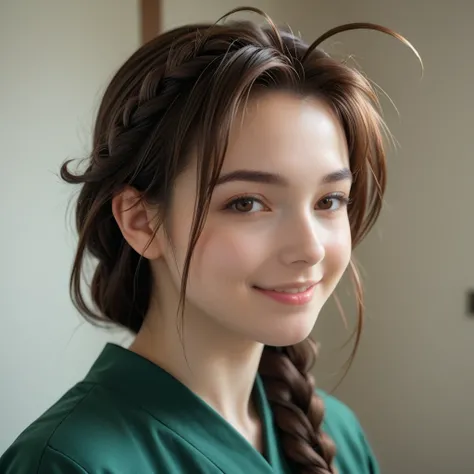 mutsumi otohime, long hair, brown hair, brown eyes, antenna hair, braid, single braid, braided ponytail, realistic antenna hair, antenna hair looks like real hair, amazingly beautiful face, realistic japanese female face, light cosmetics, detailed face,
bl...