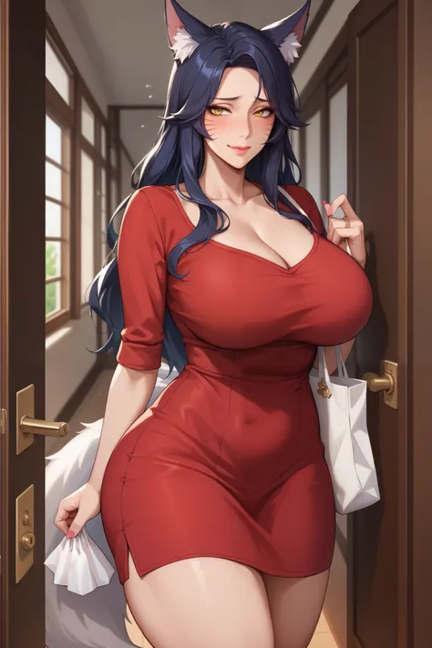 Score_9, Score_8_up, Score_7_up, Score_6_up, Score_5_up, Score_4_up, Tag1, Tag2, Quality_masterpiece, nsfw, Busty, wear only sexy red dress, casual dress, Ahri alike, Anatomically correct, Beautiful face, Perfect face, standing in hallway door entrance, op...