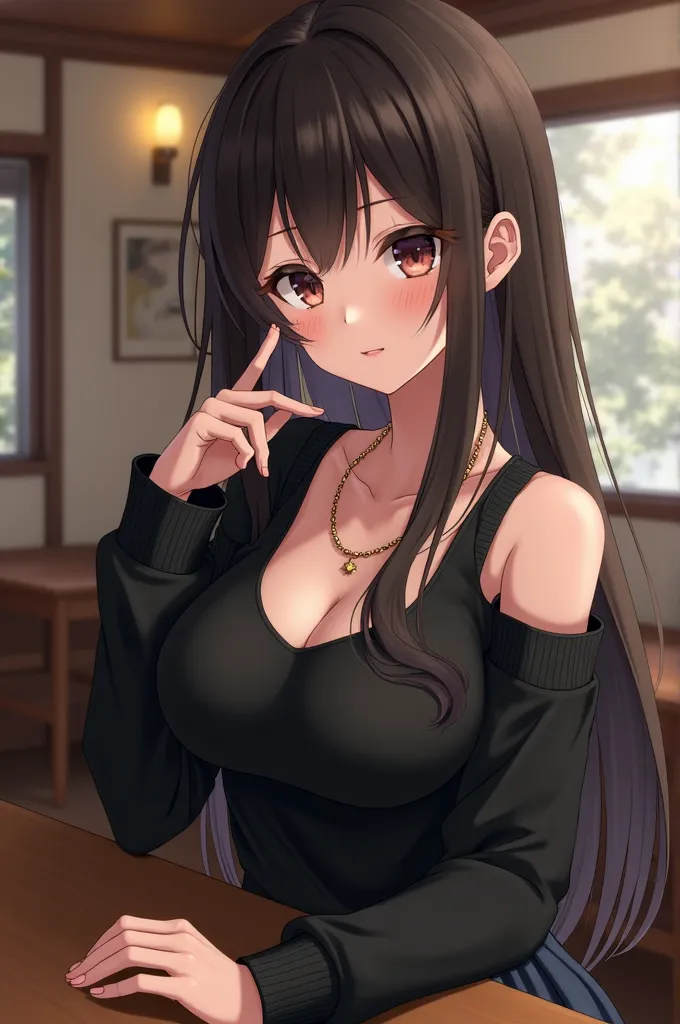 
( super real), (shape), ( high res), (8k), ( very detailed), (Best shape), (Big beautiful double eyelids), ( top quality), ( very detailedな), ( Masterpiece), (wallpaper), ( detailed face), black shoulder long sleeve knit、 pleated skirt、 A stylish cafe 、Su...