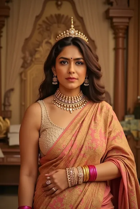 An Indian queen with huge natural breasts revealing cleavage in an opulent palace, wearing a silk saree with gold embroidery, adorned with a heavy necklace, maang tikka, and bangles, wearing an Indian crown (Mukut), standing gracefully in a throne room, fu...