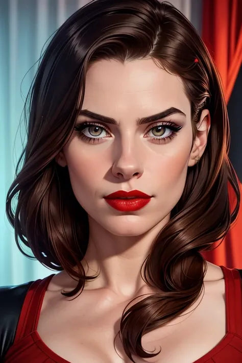 A portrait of a beautiful female whose facial features are a combo of Stoya + Hayley Atwell. The female's hair is untied and hangs loose. The female has lovely makeup on her face. The female wears red lipstick. Symmetrical eyes. Symmetrical face. Lovely de...