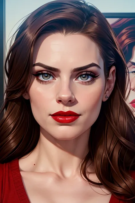 A portrait of a beautiful female whose facial features are a combo of Stoya + Hayley Atwell. The female's hair is untied and hangs loose. The female has lovely makeup on her face. The female wears red lipstick. Symmetrical eyes. Symmetrical face. Lovely de...