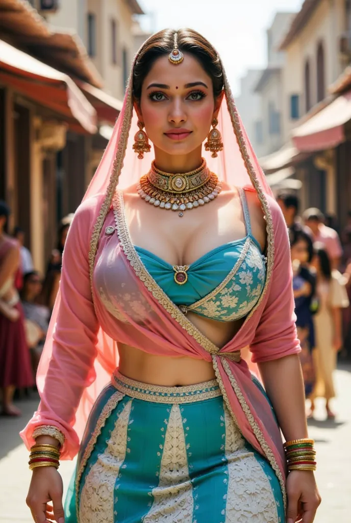 Princess Mahalakshmi strides gracefully down the bustling street of her kingdom, her bejeweled attire sparkling in the warm sunlight. Her lavish turquoise and white lehenga sways elegantly with each step, the delicate gold embroidery shimmering. The ornate...