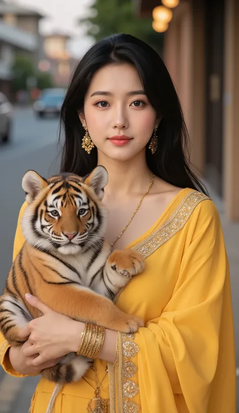 A beautiful korean girl, long black hair, glowing skin, full view, in traditional yellow color Indian suit, embellished, golden design bracelet, earrings, necklace ,with a cute tiger baby, tiger baby, real tiger , evening, street, HD quality, 4k ultra high...